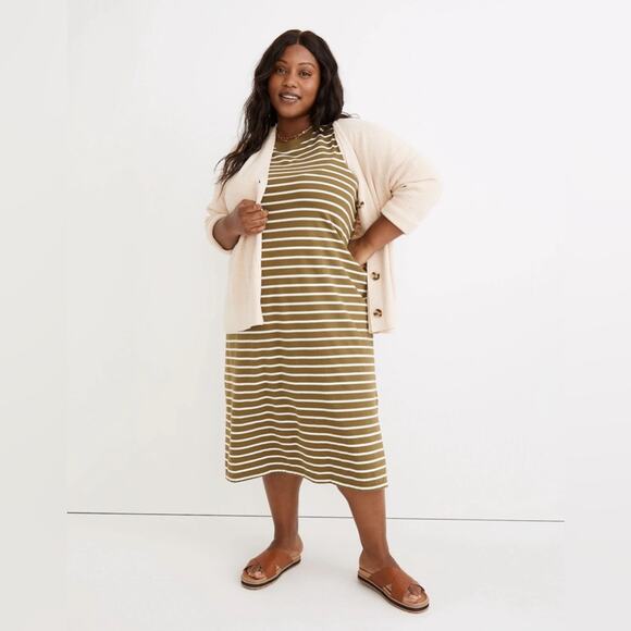 Madewell Plus Organic Cotton Crewneck Tank Midi Dress in Stripe Green NWT 4X - Picture 1 of 9